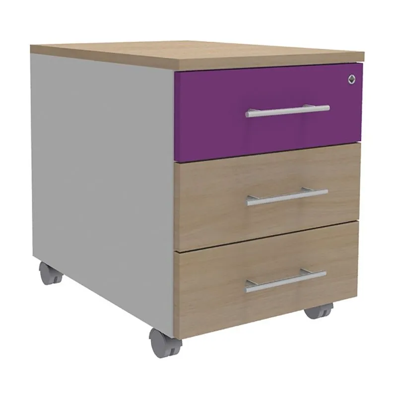 Caisson mobile INEO JET UP Bureau Vallée - L43 x H56 x P60 cm - 3 Tiroirs - façade imitation chêne clair et violine