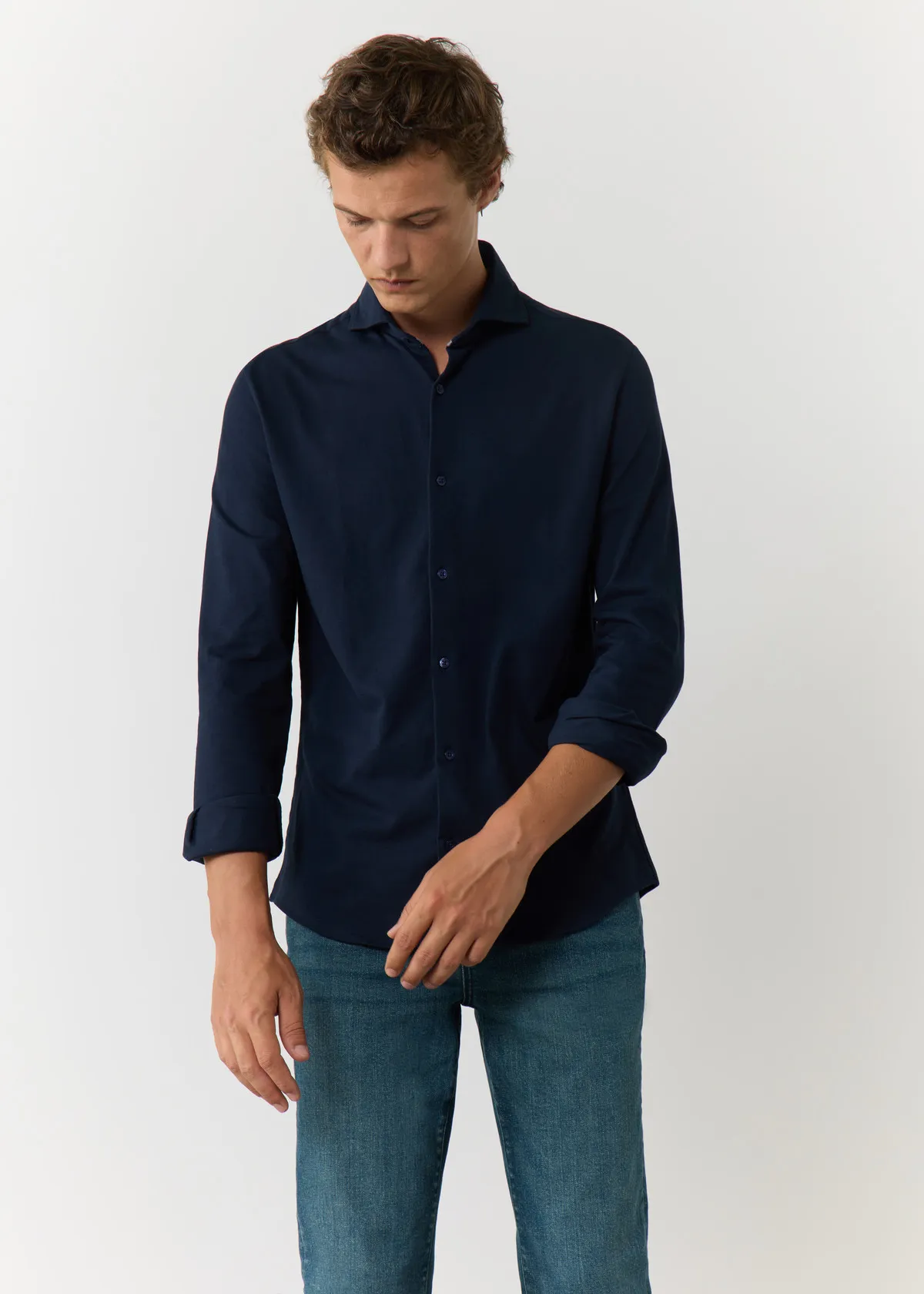 Chemise sport Slim en coton piqué stretch uni bleu marine