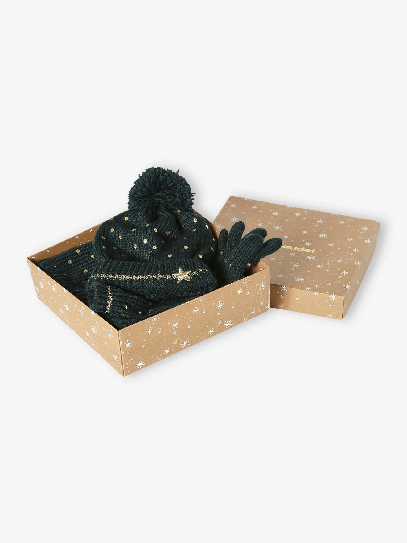 Coffret de Noël 'Etoile" fille ensemble bonnet + snood + gants vert - Vertbaudet