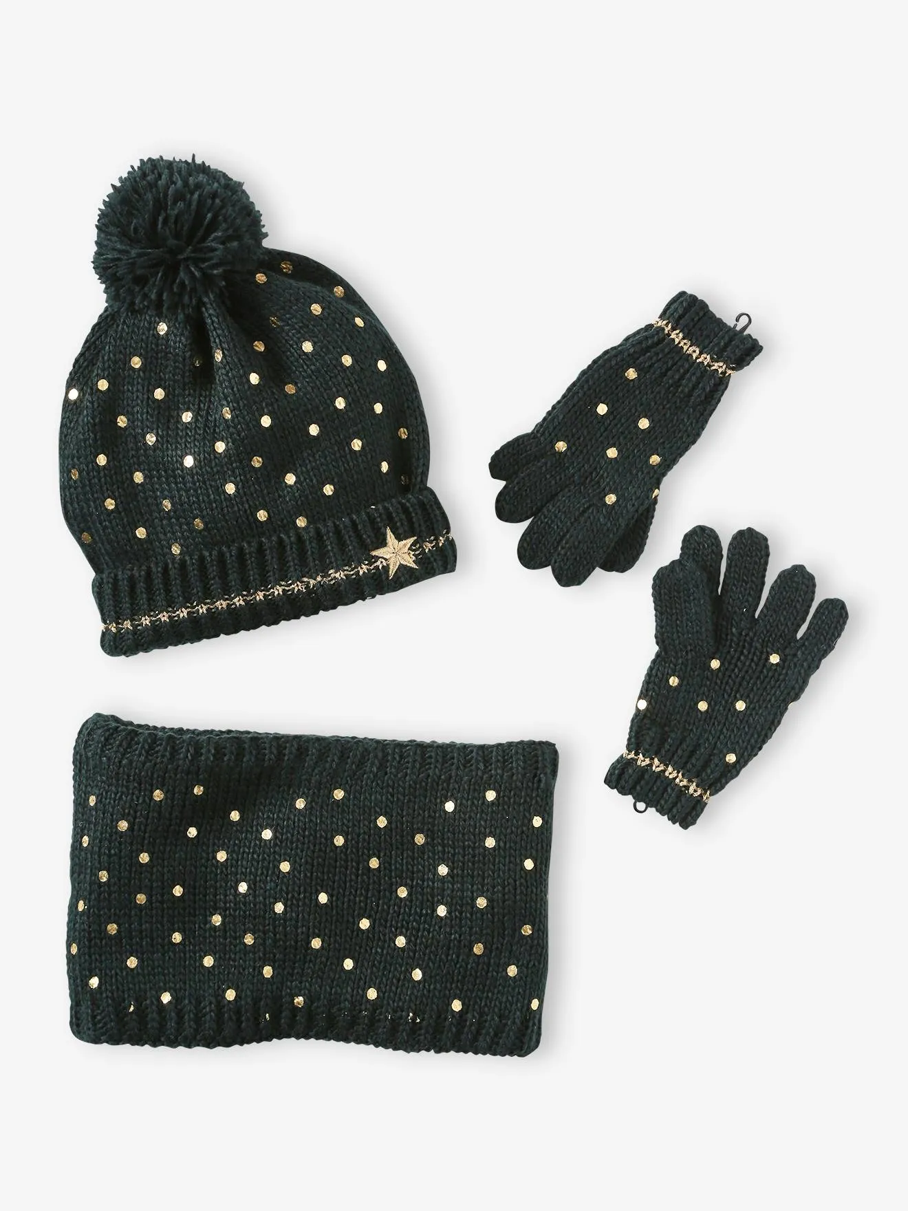 Coffret de Noël 'Etoile" fille ensemble bonnet + snood + gants vert - Vertbaudet