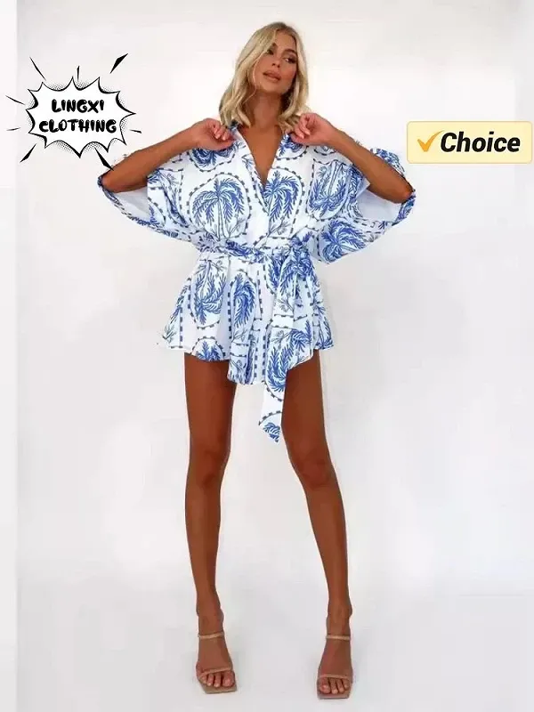 Combinaison courte imprimée pour femme, taille haute et revers, semi-ouverte vacances, vêtements pour femmes, mode estivale