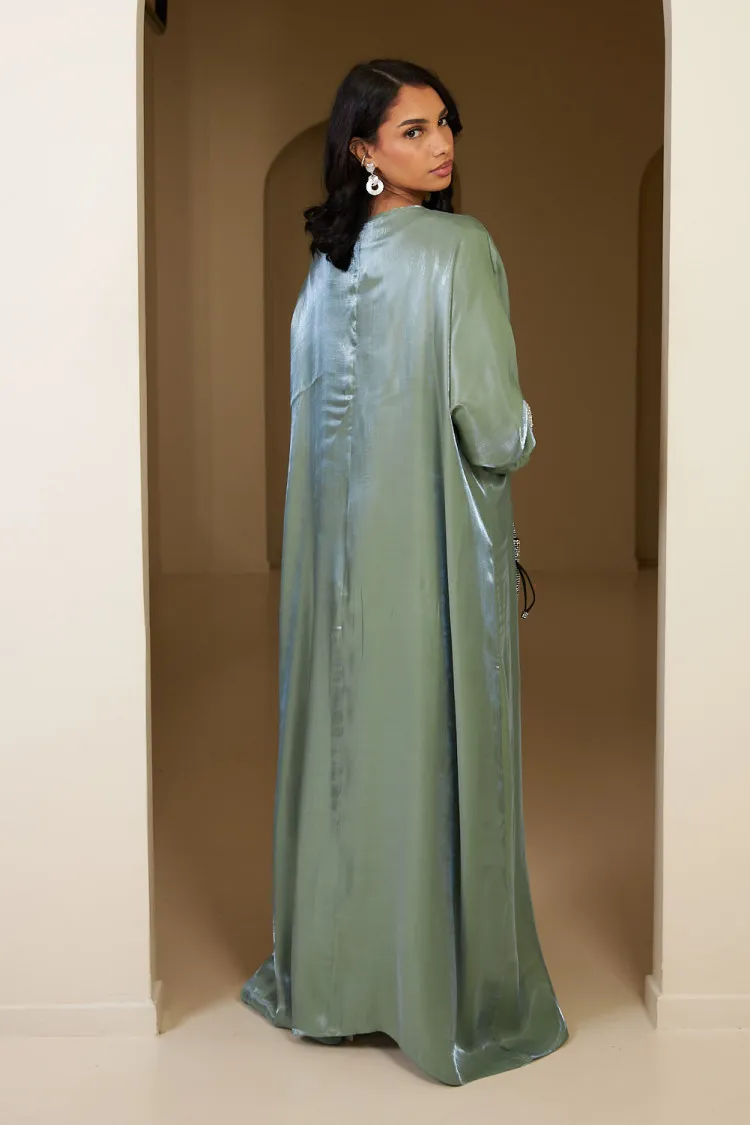 Ensemble 2 pièces abaya + gilet satiné vert