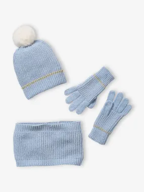 Ensemble bonnet + snood + gants maille chenille fille bleu clair - Vertbaudet