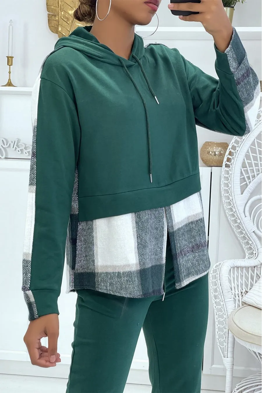 Ensemble de jogging vert canard avec pantalon effet push et sweet 2 en 1 sur chemise à carreaux tendance