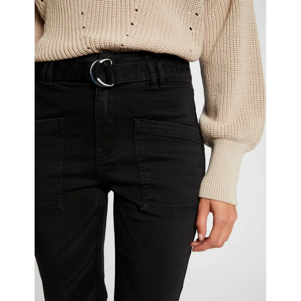 Jeans droit taille haute ceinturé noir en coton | 3 Suisses