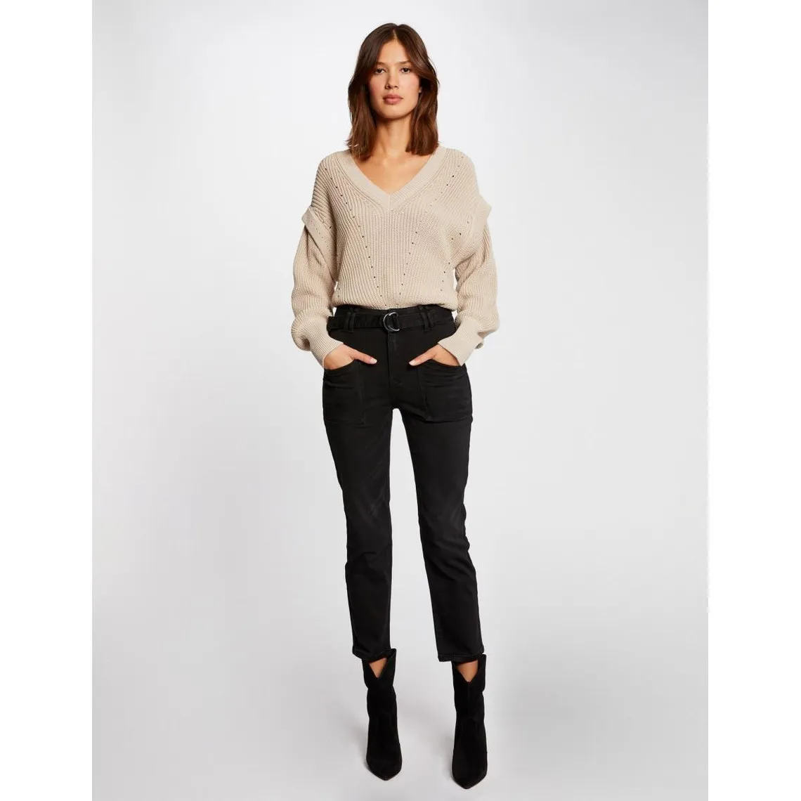 Jeans droit taille haute ceinturé noir en coton | 3 Suisses