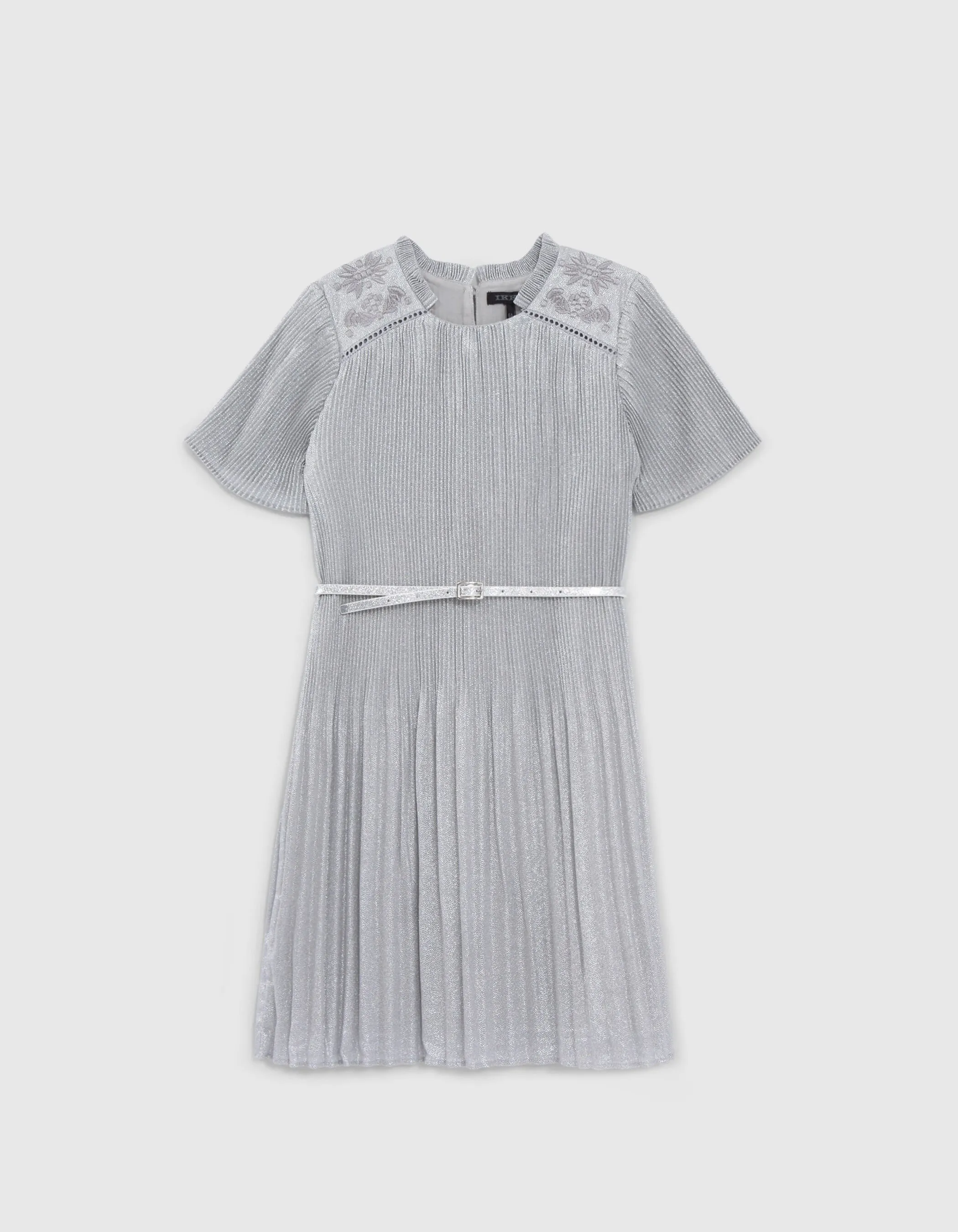 Robe argentée plissée broderies épaules fille