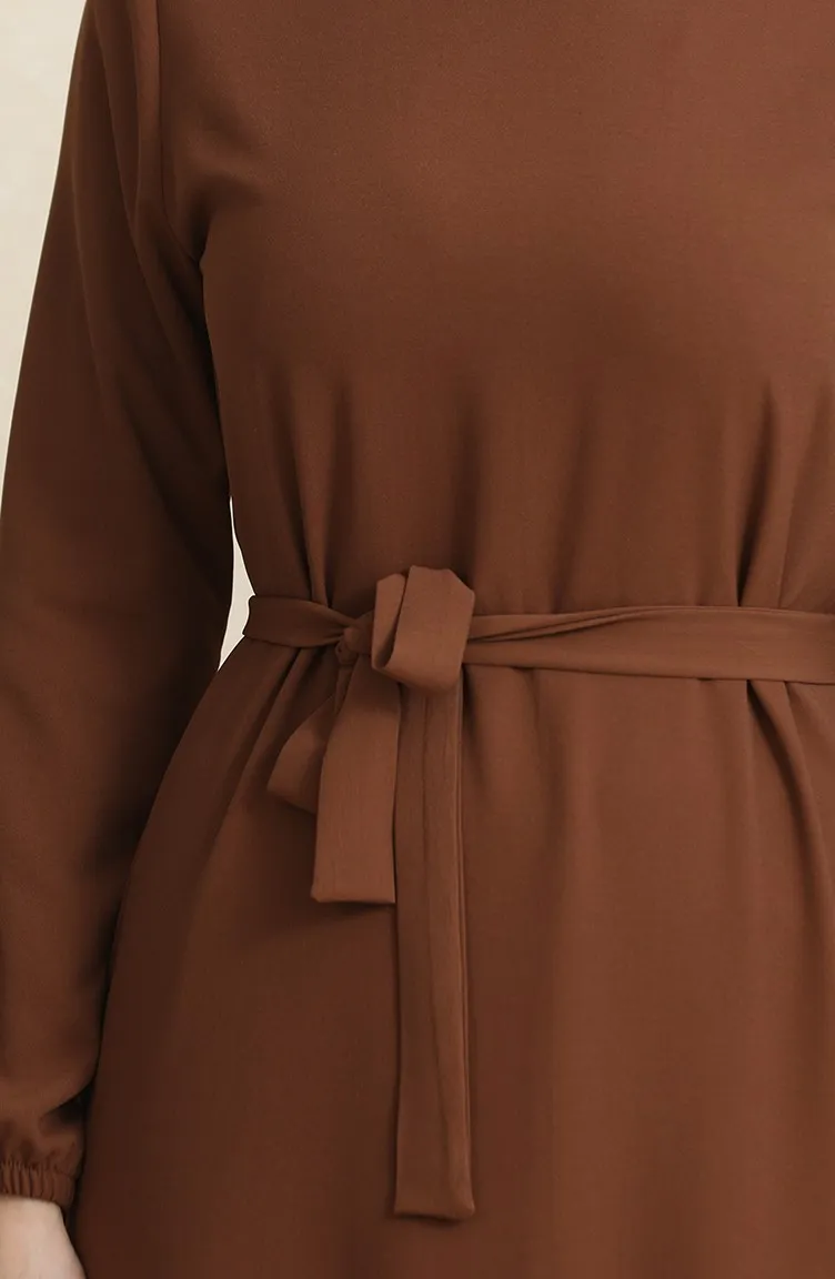 Robe Ceinturée Avec Manches Elastiques 1015-03 Marron 1015-03