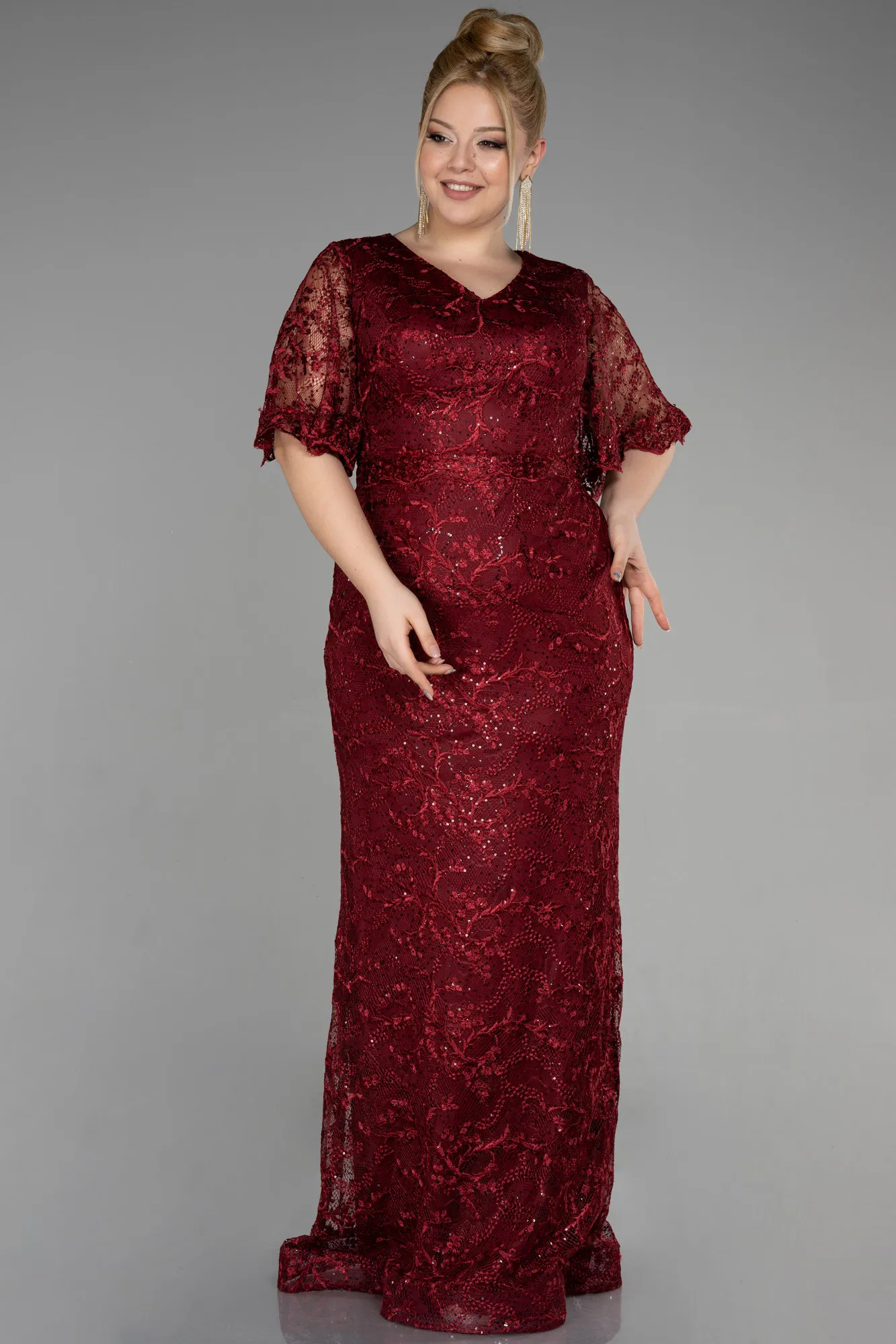 Robe De Fiançailles Grande Taille Longue Lacé Rouge Bordeaux ABU3614