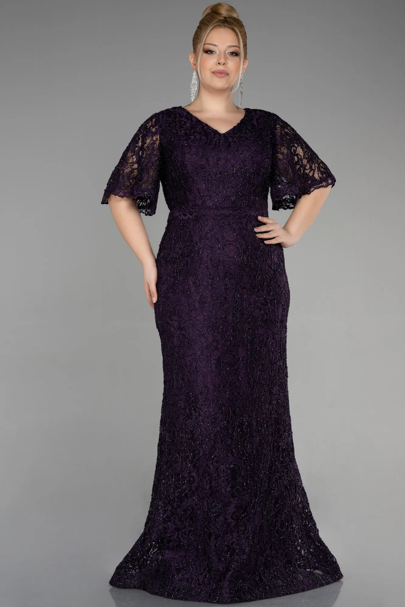 Robe De Fiançailles Grande Taille Longue Lacé Rouge Bordeaux ABU3614