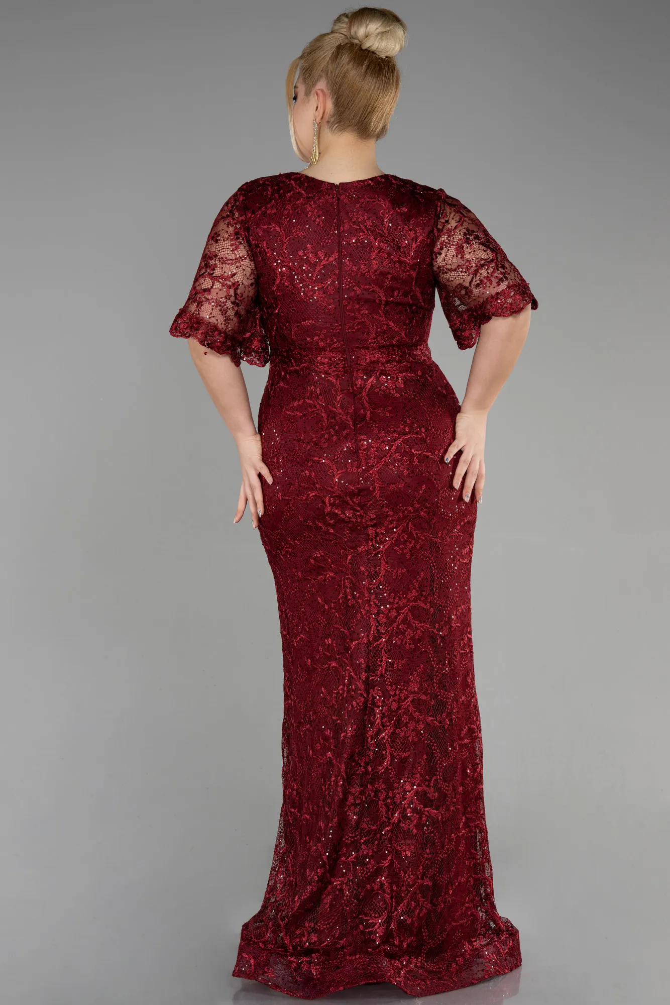 Robe De Fiançailles Grande Taille Longue Lacé Rouge Bordeaux ABU3614