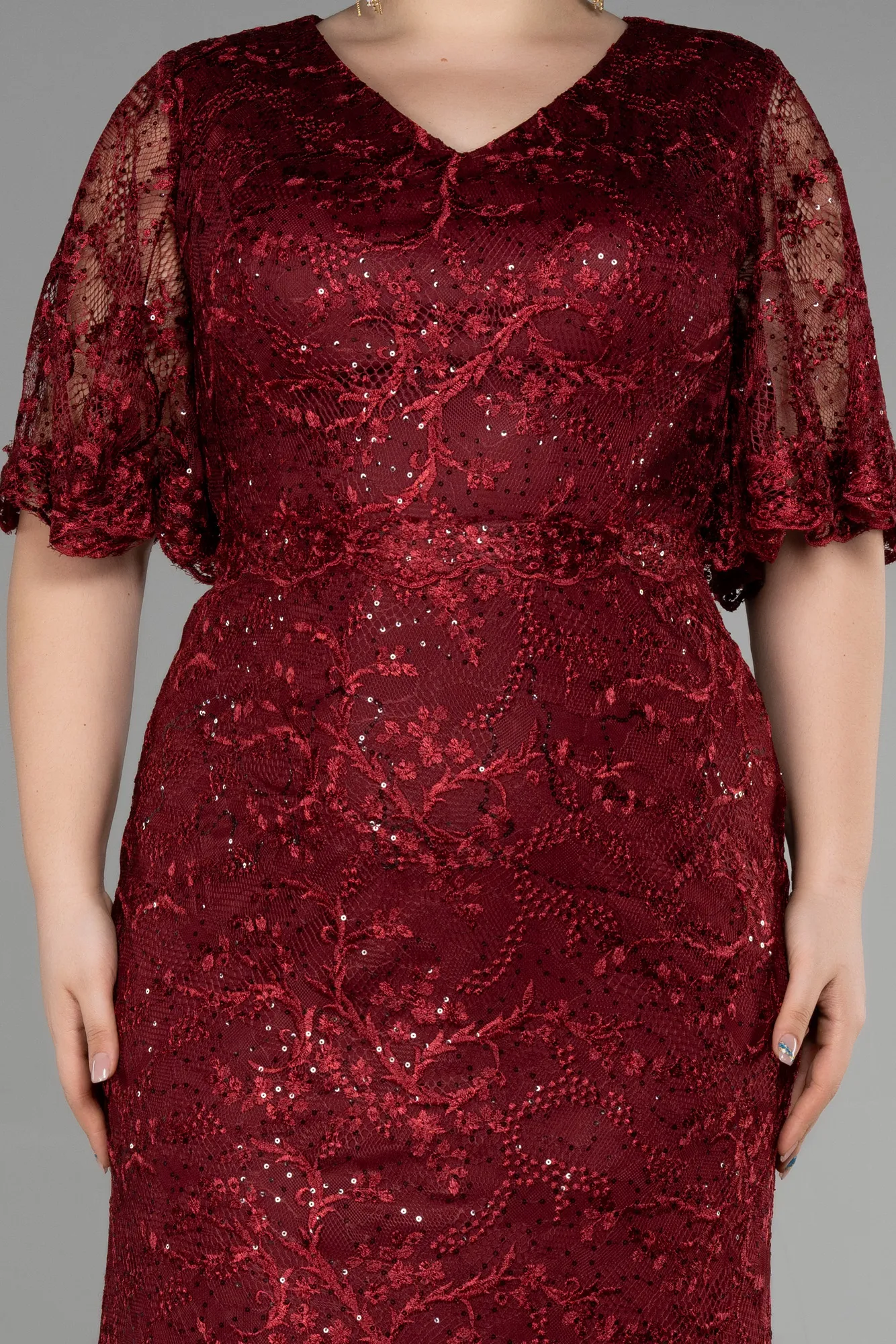 Robe De Fiançailles Grande Taille Longue Lacé Rouge Bordeaux ABU3614