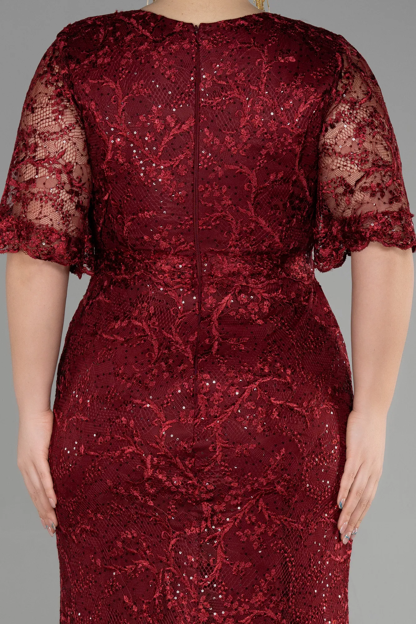 Robe De Fiançailles Grande Taille Longue Lacé Rouge Bordeaux ABU3614