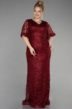 Robe De Fiançailles Grande Taille Longue Lacé Rouge Bordeaux ABU3614