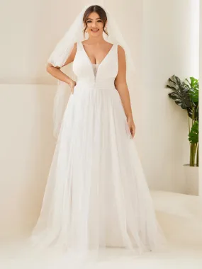 Robe de mariée longue sans manches V profond Grande taille