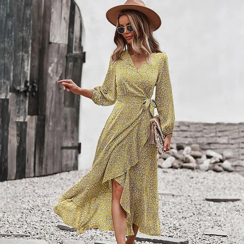 Robe Portefeuille Imprimé Floral à Manches Longues