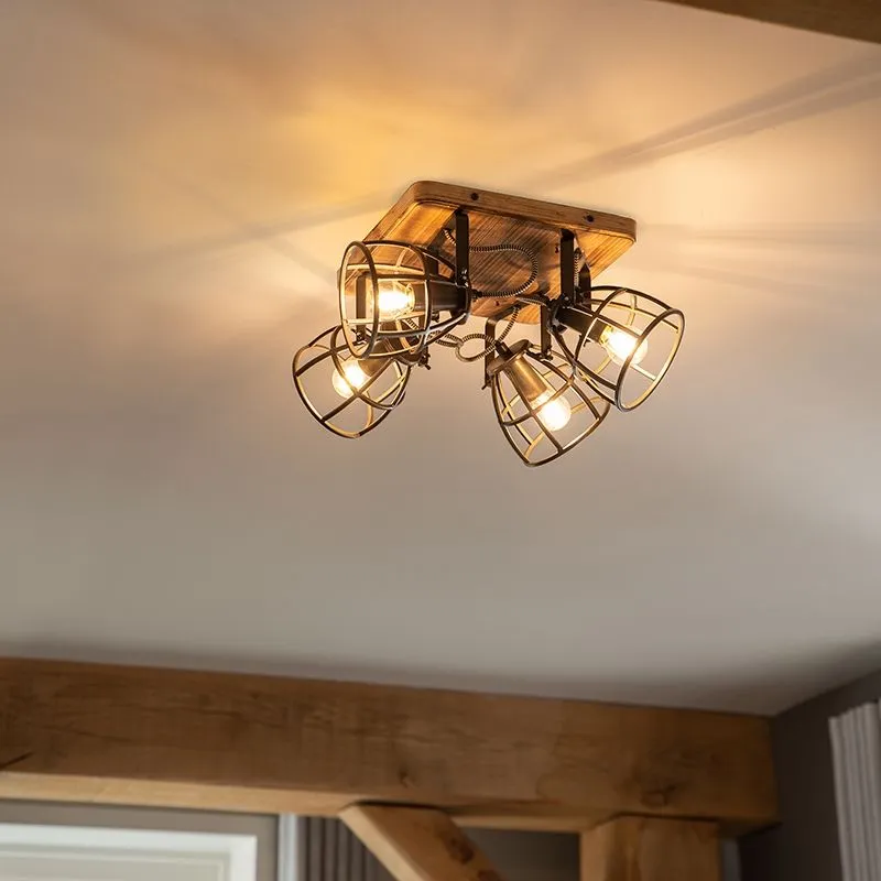 Spot industriel noir à 4 lumières orientables en bois - Arthur